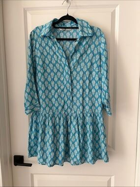 Zara Blue Printed 3/4 Sleeve Oversized Tunic Dress